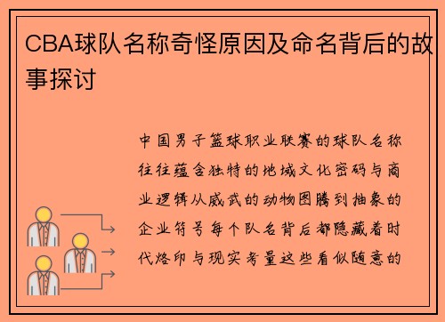 CBA球队名称奇怪原因及命名背后的故事探讨