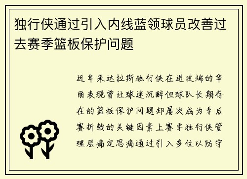 独行侠通过引入内线蓝领球员改善过去赛季篮板保护问题